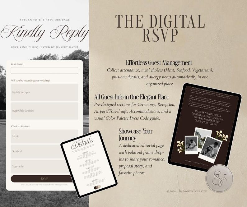 May include: A digital RSVP template featuring a form with fields for name, attendance, and meal choices. It includes tablet mockups displaying event details and a photo gallery page. Text includes "Kindly Reply," "The Digital RSVP," and "Showcase Your Journey."