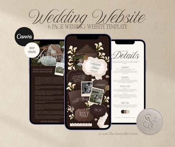 Luxury Wedding Website Template for Canva | Vintage Scrapbook Flat Lay Wedding Site | Espresso & Cream