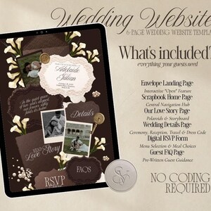 May include: A digital 6-page wedding website template displayed on a tablet screen, featuring a dark brown theme with white calla lilies, vintage-style photo frames, and text including Wedding Website, Adelaide & Julian, Details, and RSVP.