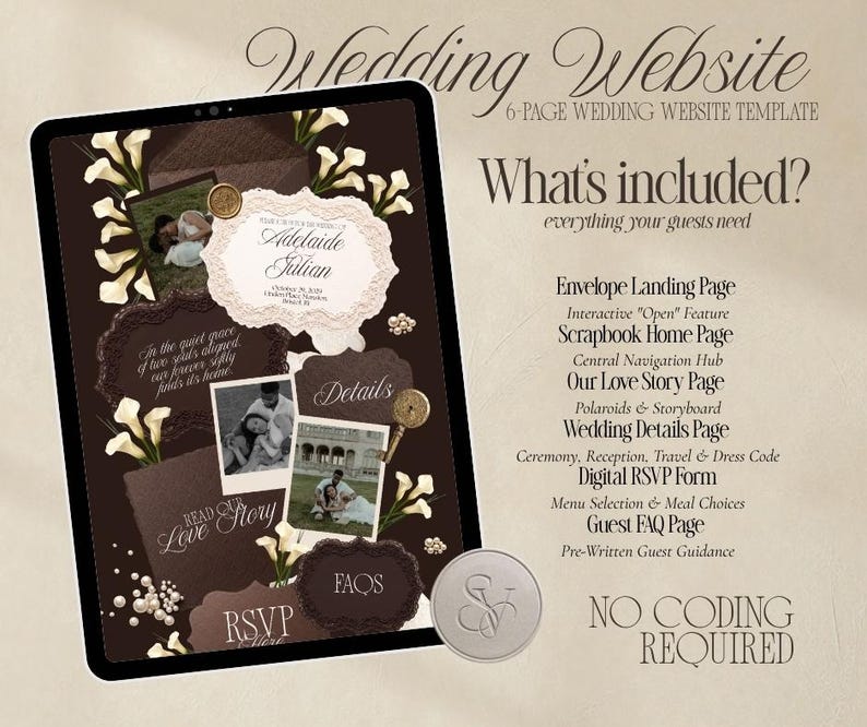 May include: A digital 6-page wedding website template displayed on a tablet screen, featuring a dark brown theme with white calla lilies, vintage-style photo frames, and text including Wedding Website, Adelaide & Julian, Details, and RSVP.
