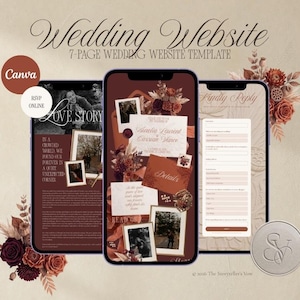 May include: A 7-page wedding website template for Canva featuring a dark red and cream color palette. The design includes floral accents, photo frames, and text fields for wedding details, RSVP forms, and love stories displayed on three smartphone screens.