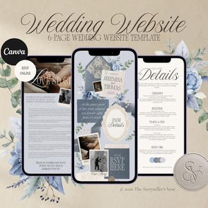 May include: A 6-page wedding website template for Canva featuring a light blue and cream color palette with floral accents. The design includes sections for a love story, ceremony details, reception information, travel, and an online RSVP button.