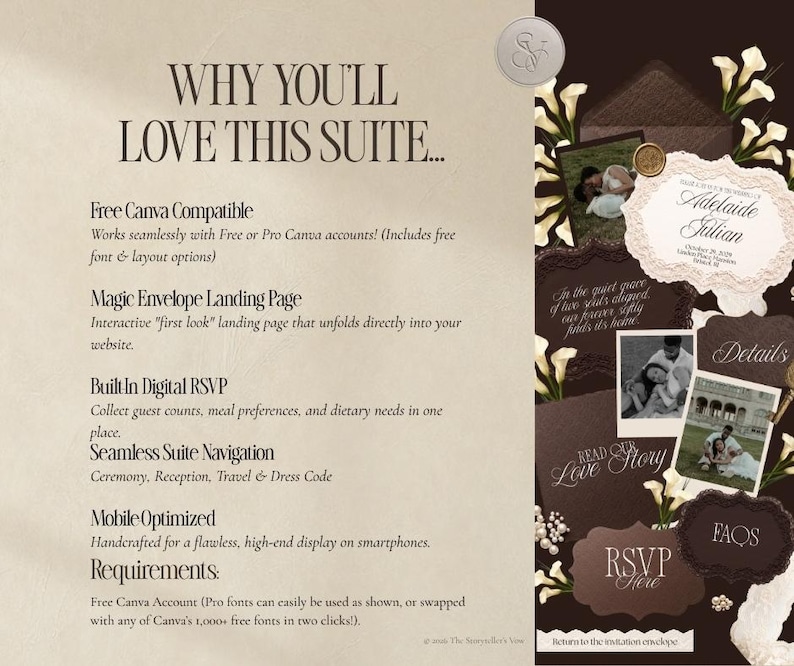 May include: A digital wedding invitation suite template featuring text that reads Why You'll Love This Suite, Free Canva Compatible, Magic Envelope Landing Page, Built-In Digital RSVP, Seamless Suite Navigation, Mobile Optimized, and Requirements.
