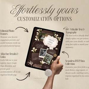 May include: A digital tablet displaying a customizable wedding invitation template with dark brown backgrounds, floral accents, and photo frames. The screen features text including "Effortlessly yours," "CUSTOMIZATION OPTIONS," "Adelaide Julian," "Details," "Read our Love Story," "RSVP," and "FAQS" with arrows pointing to descriptive text.