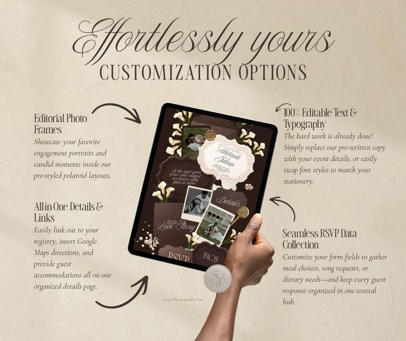 May include: A digital tablet displaying a customizable wedding invitation template with dark brown backgrounds, floral accents, and photo frames. The screen features text including "Effortlessly yours," "CUSTOMIZATION OPTIONS," "Adelaide Julian," "Details," "Read our Love Story," "RSVP," and "FAQS" with arrows pointing to descriptive text.