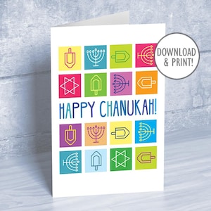 Buon Chanukah! biglietto stampabile, quadrati colorati, PDF scaricabile immediatamente, 5"x7" (A7) e 4,25" x 5,5" (A2) + buste stampabili, digitale