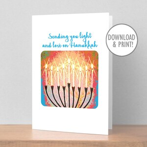 Carte imprimable Hanukkah Light and Love, menorah, PDF à téléchargement immédiat, 5 x 7 pouces (A7) et 4,25 x 5,5 pouces (A2) + enveloppes imprimables, numérique
