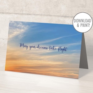 Cartão para impressão "Que seus sonhos tomem voo", nuvens, PDF para download instantâneo, 5" x 7" (A7) e 4,25" x 5,5" (A2) + envelopes para impressão, digitais