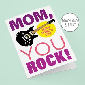 Biglietto di auguri per la festa della mamma: Mom You Rock+chitarra, PDF scaricabile immediatamente, 5"x7" (A7) e 4,25"x5,5" (A2) + buste stampabili, download digitale