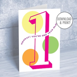 Hourra ! Vous avez un an ! carte imprimable, anniversaire, PDF à téléchargement immédiat, 5 x 7 pouces (A7) et 4,25 x 5,5 pouces (A2) + enveloppes imprimables, numérique