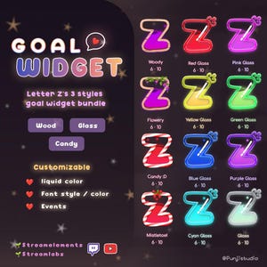 Paquete de widgets de objetivos de relleno líquido de 3 estilos de la letra Z: widget de objetivos personalizable para transmisores de Twitch / Streamelements StreamLabs OBS