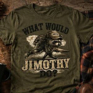 以下が含まれることがあります： オリーブグリーンの半袖Tシャツ。JIMOTHYと書かれた野球帽をかぶったアライグマのグラフィックが描かれています。アライグマのイラストの上下には、かすれた太字でWHAT WOULD JIMOTHY DO?というテキストがプリントされています。