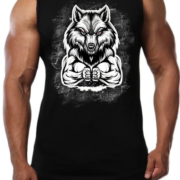 Men's Wolf Muscle Print Tank Top - Fitness Enthusiast Workout Gear - Unique Graphic Sleeveless Shirt