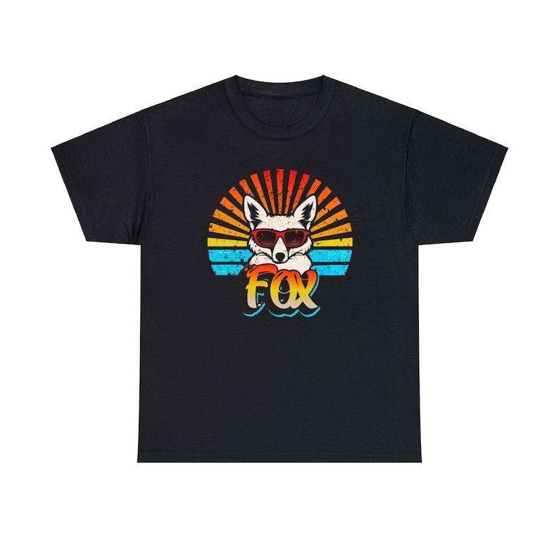 T-shirt graphique Funky Fox : lunettes de soleil rétro et rafale arc-en-ciel image 1