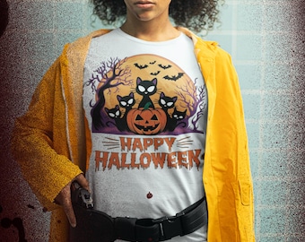Halloween Cat Graphic T-Shirt, Spooky Black Cats, Pumpkin Tee