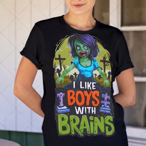 Camiseta con gráfico de humor zombi, "Me gustan los niños con cerebro", Camiseta unisex de Halloween