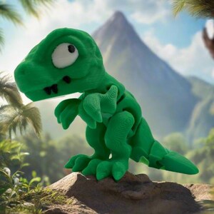 May include: A green plastic toy dinosaur with a large, white eye. The dinosaur is standing on a rock with a green background.
