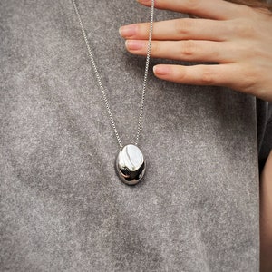 May include: A silver chain necklace with a smooth, oval-shaped pendant.