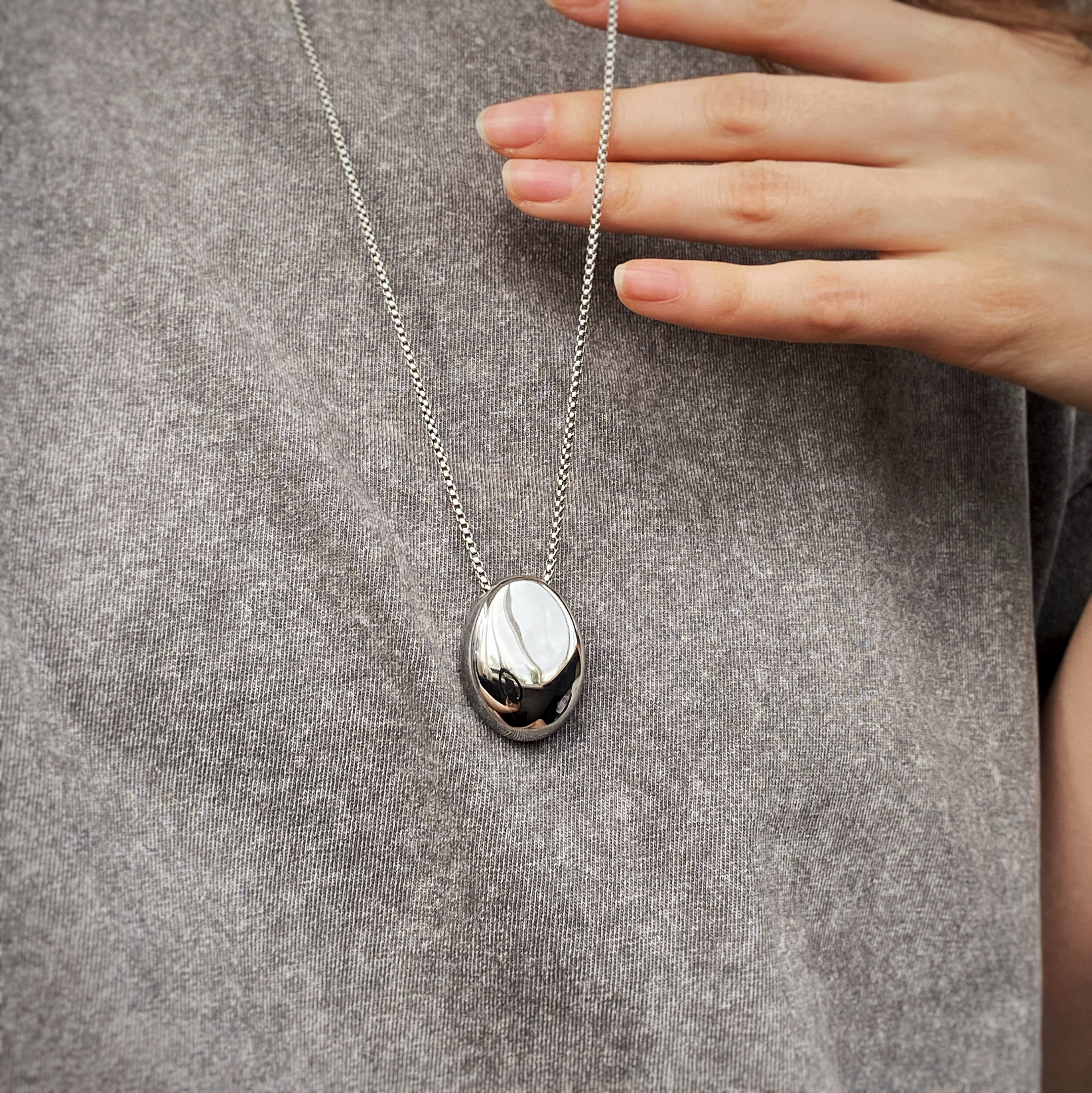 Oval Pendant Necklace / Large Minimalist Silver Pendant/ Puffed Design Jewelry/ Statement Necklace/ Geometric Pendant/ Long Necklace