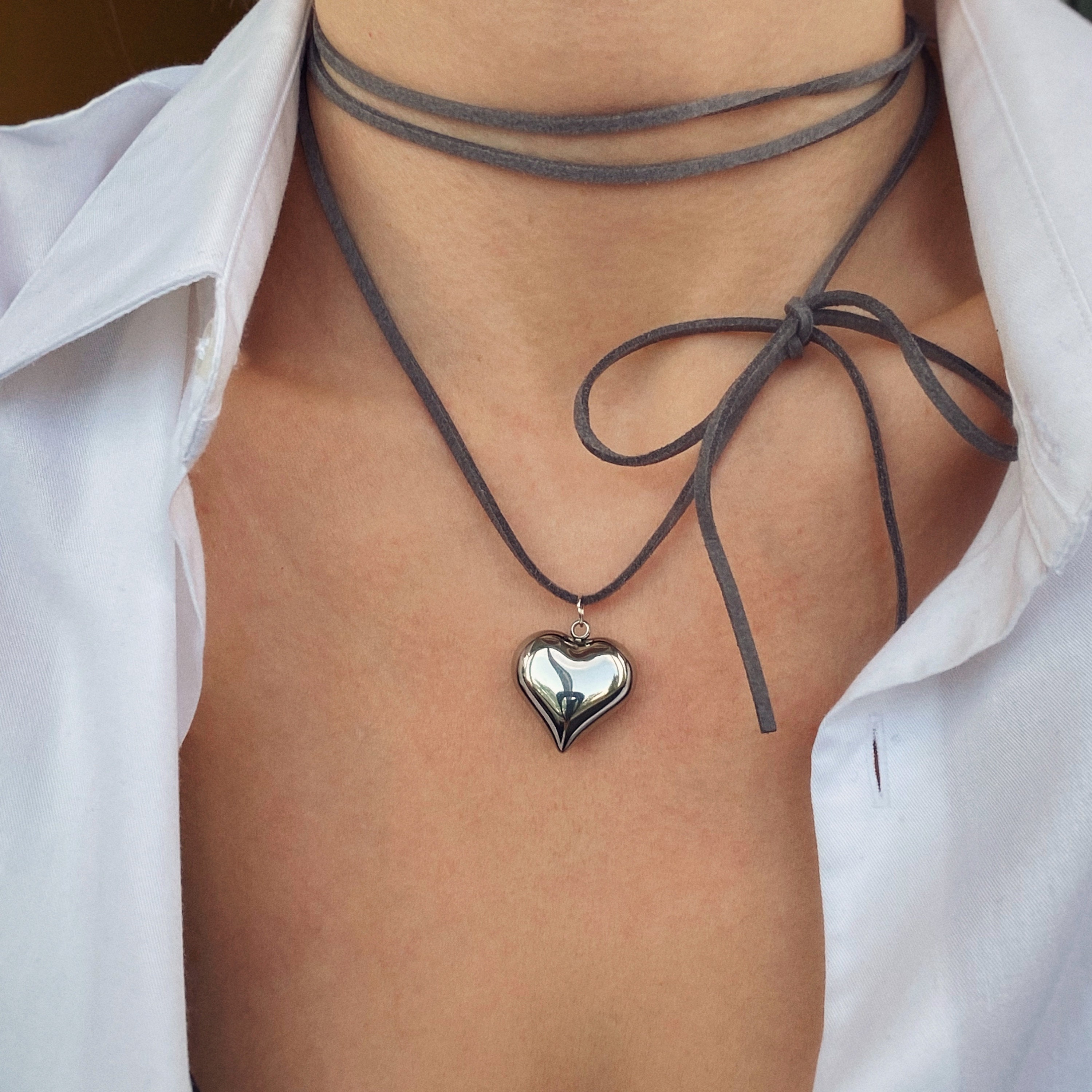 Puffy Heart Pendant Necklace/ Tie Necklace/ Leather String