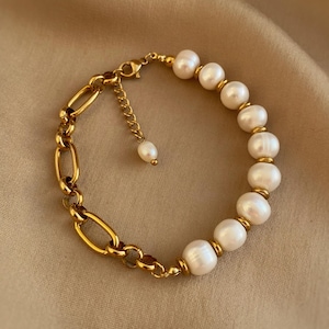 Armband med grova pärlor, guldpläterad kedja med pärlor, justerbart elegant armband för kvinnor, vattentätt, elegant smycke för kvinnor, present