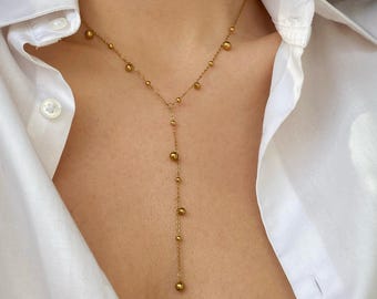 Gold Plated Lariat Necklace, Delicate Ball Necklace, Long