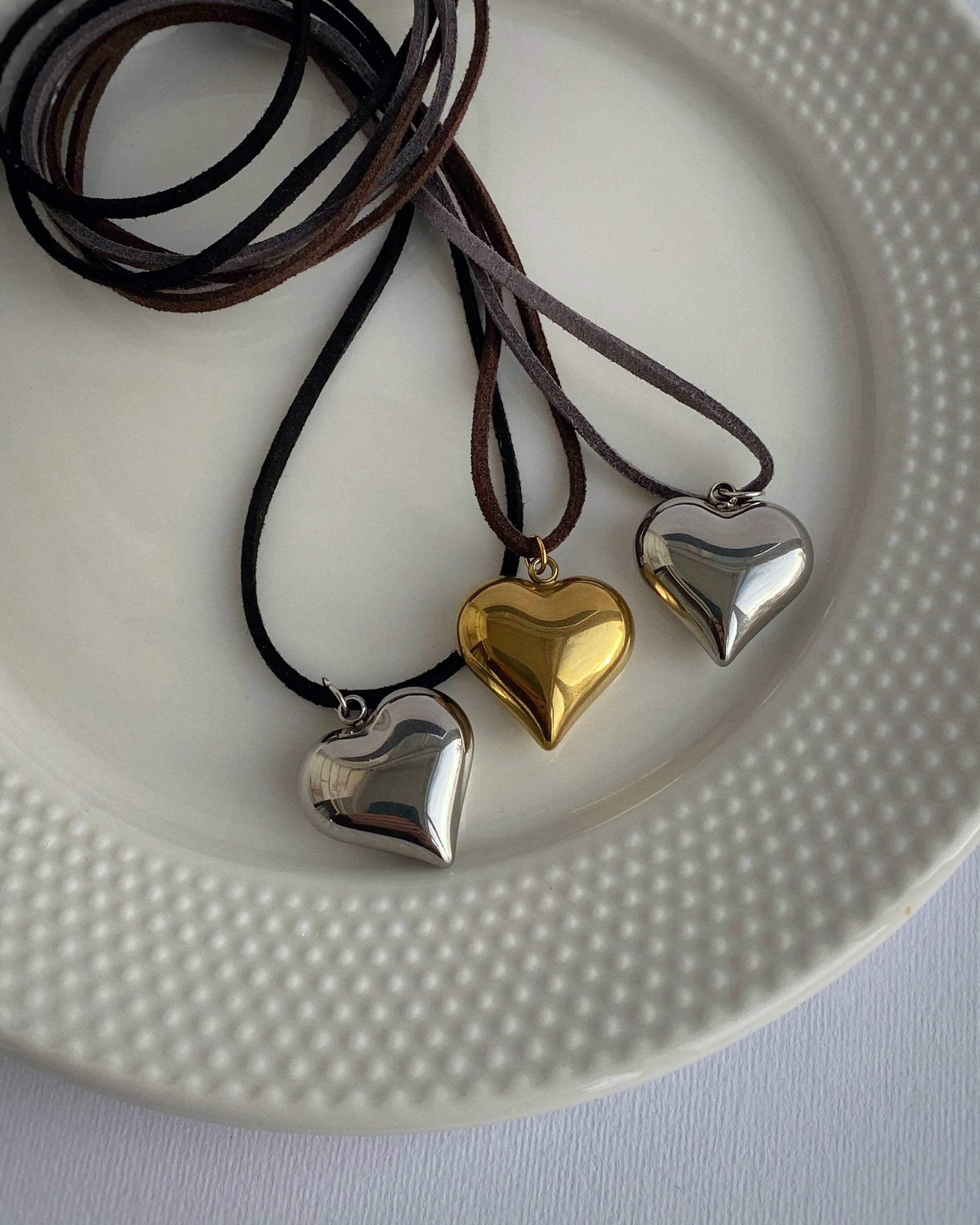 Puffy Heart Pendant Necklace/ Tie Necklace/ Leather String