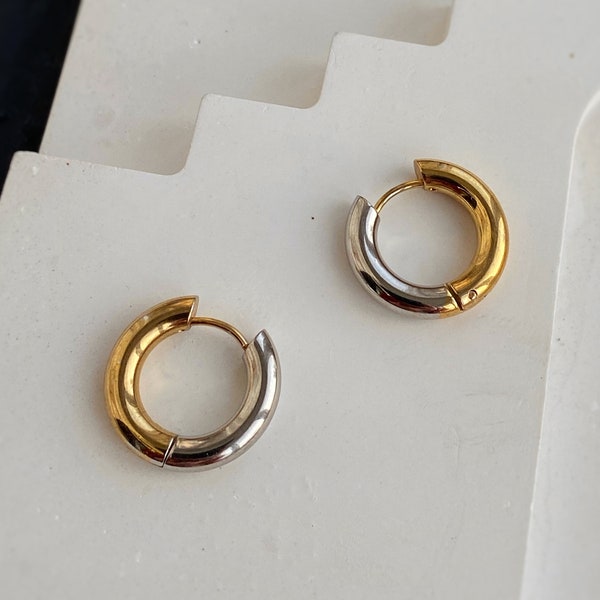 Bicolor Hoop Earrings, Two Tone Hoops Earrings, Silver Gold Mixed Earrings, Chunky Hoops, Thick Hoop Earrings, Bicolor Jewelry, Gift for Mom