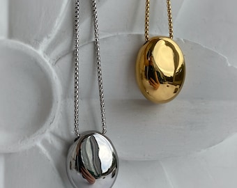 Chunky Necklace, Gold Puffy Oval Pendant, Silver Minimalist Pendant Necklace, Large Pendant, Waterproof Necklace,  Tarnish Jewelry