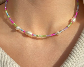 Seed Bead Colorful Necklace, Muiti Color Seed Bead Choker, Boho Beaded Necklace, Beads and Pearls Choker, Rainbow Necklace, Girlfriend Gift