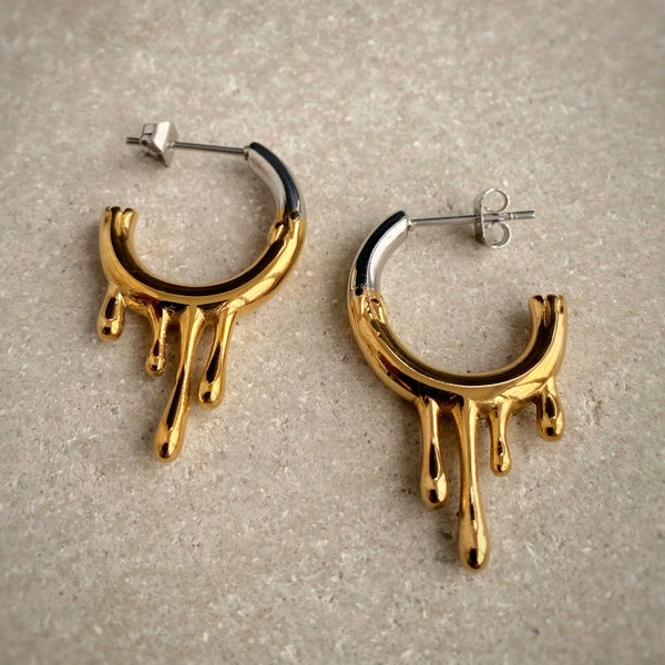 Melted Metal Earrings, Gold Lava Earrings, Liquid Earrings, Melting Drop Earrings, Dripping Hoop Earrings, Two Tone Hoops, Drippy Earrings