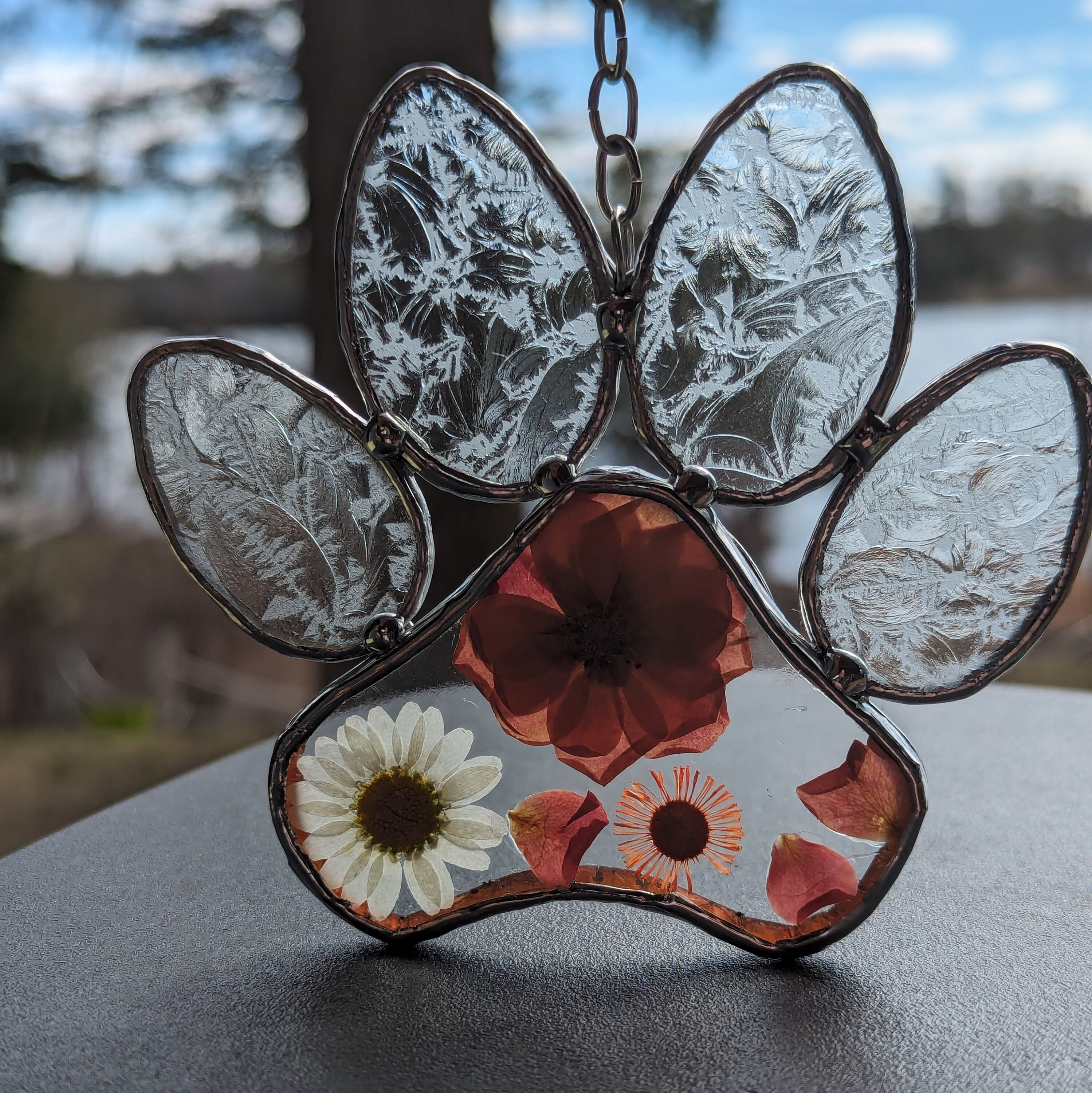 Paw Print Suncatcher Glass Art With Pressed Flowers Perfect Gift for