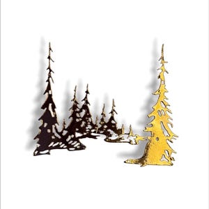 May include: A metal wall art sculpture of a forest scene with trees in black and gold.