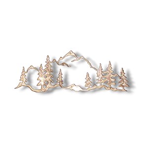 May include: A metal wall art sculpture depicting a mountain range with trees in front. The sculpture is made of a gold-colored metal and has a rustic, hand-crafted look.