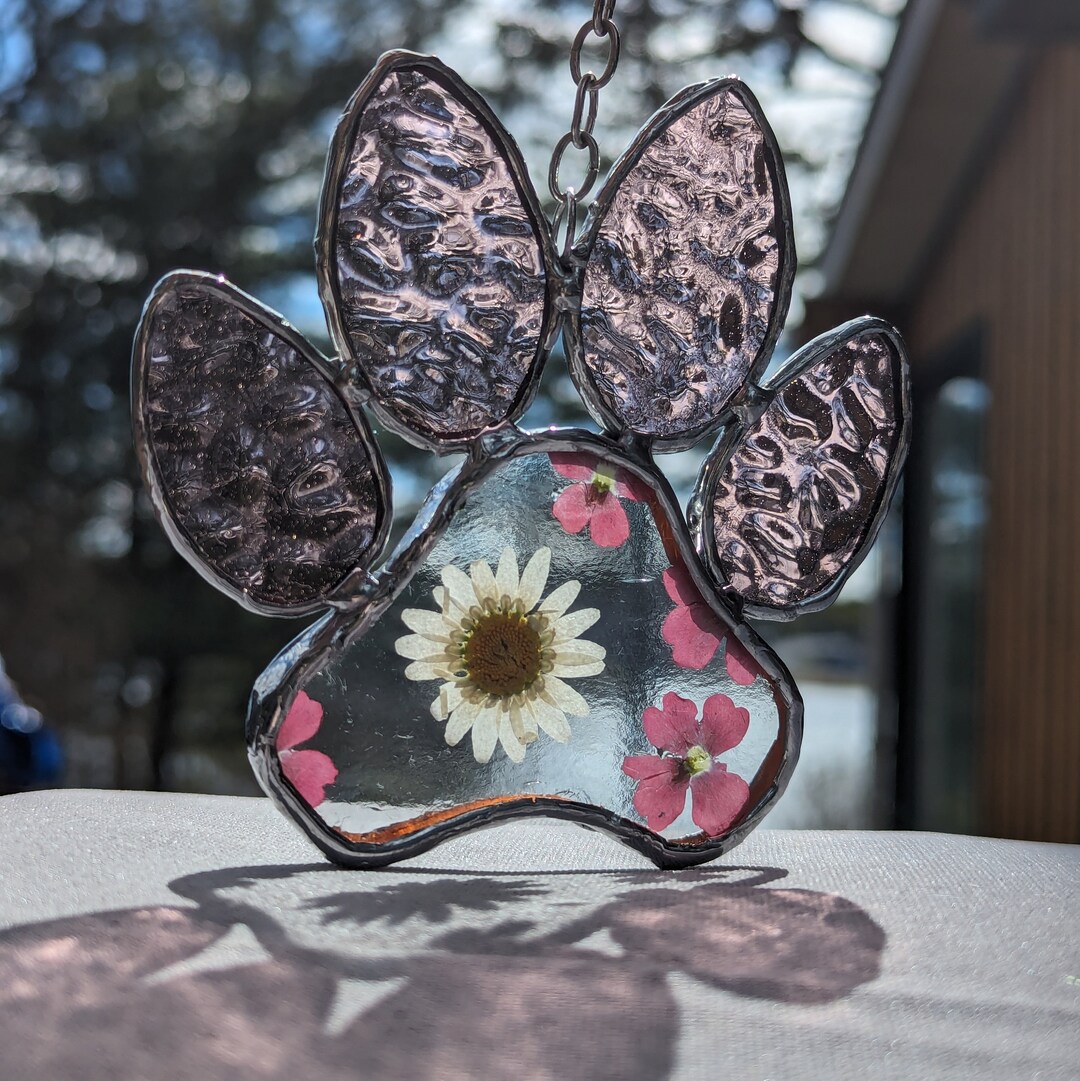 Paw Print Suncatcher Real Glass Art With Pressed Flowers Perfect Gift