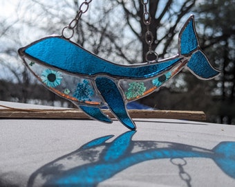 Stained Glass Window Art - Blue dolphin. Real Glass with pressed flowers. Suncatcher for the Window.