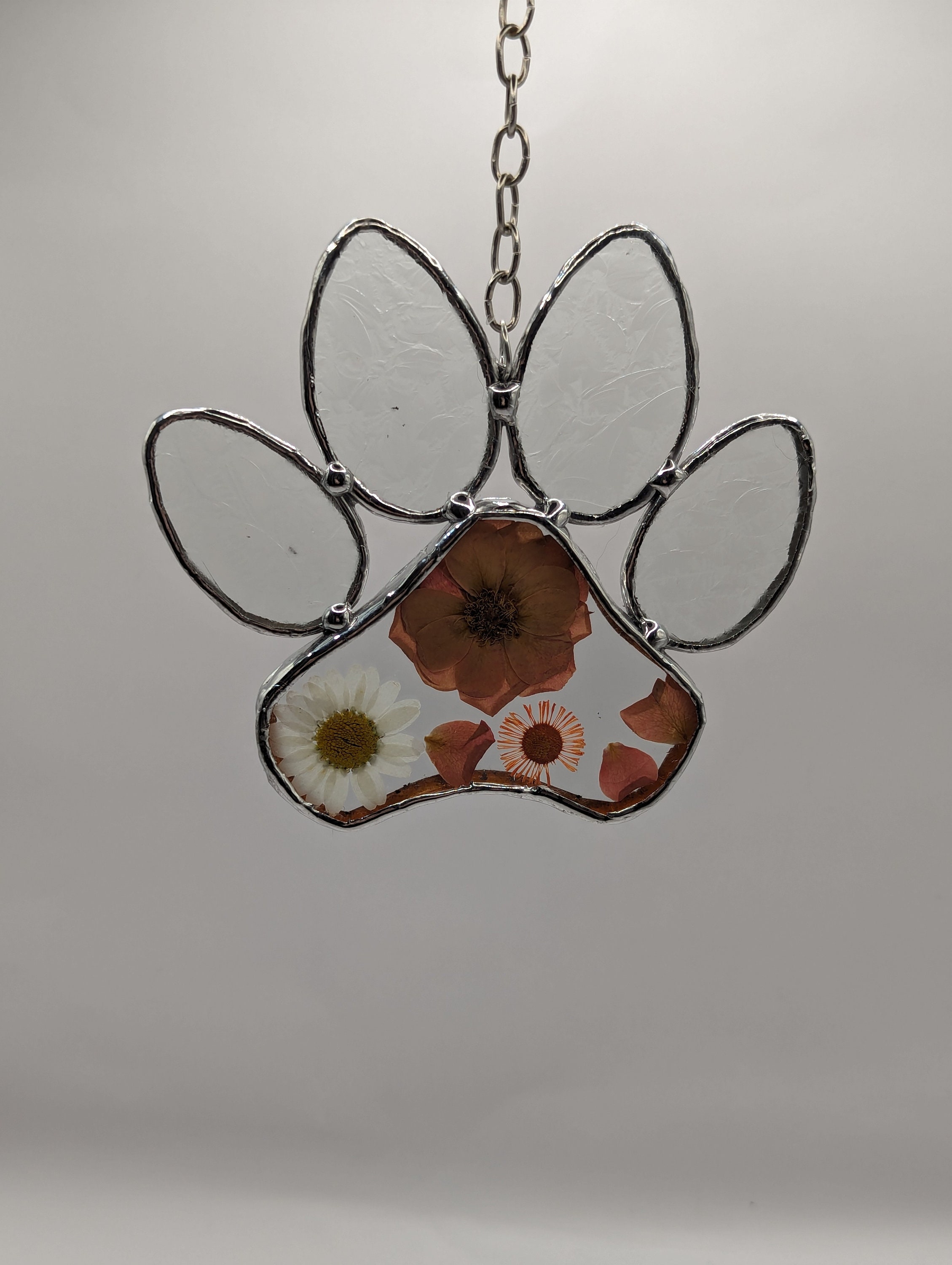Paw Print Suncatcher Glass Art With Pressed Flowers Perfect Gift for