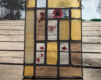 Stained Glass Window Art - Modern Contemporary Panel made of Real Glass of Various Shades of Yellows and Red Flowers.