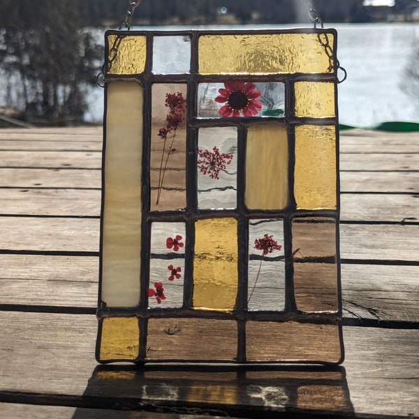 Stained Glass Window Art - Modern Contemporary Panel made of Real Glass of Various Shades of Yellows and Red Flowers.