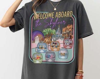 Retro Disney 4 Park Willkommen an Bord der Skyliner Comfort Colors Shirts, Mickey und Freunde nehmen das Kabelwagen-T-Shirt, Disneyland-Familienausflug-T-Shirt