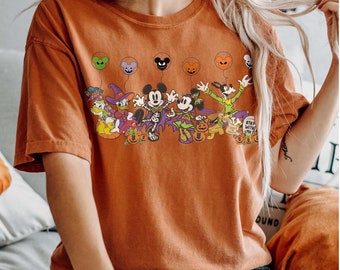 Retro Disney Halloween-shirt, Mickey en vrienden personages Halloween-ballonnen shirt, Disney Halloween-skeletshirt, Halloween-feest T-shirt