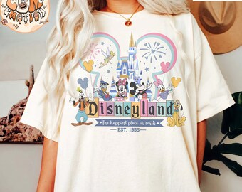 Camisa retro de Disneyland Est 1955 California, camisa de Mickey y sus amigos, camisa del lugar más feliz de la Tierra, equipo de vacaciones de Disney, camisa de viaje de Disney