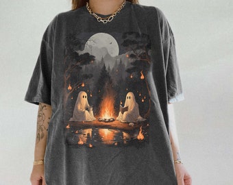 Retro Ghost Book Reading Camping Gothic Halloween Teachers Shirt, Ghost Book Reading Sweatshirt, Halloween Trip Shirt, Camping Gothic Tee