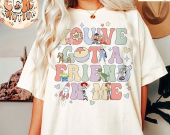 Camicia retrò Disney Toy Story Hai un amico in me, abbinamento di gruppi di personaggi vintage, maglietta per le vacanze in famiglia Disney, camicie da viaggio Disney