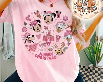 Retro Pink Disney Christmas Shirt, Mickey and Friends Pink Shirt, Disneyland Christmas Shirt, Merry Christmas 2024 Shirt, Christmas Gift Tee