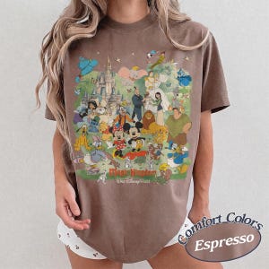 May include: A brown short-sleeve t-shirt featuring a large graphic print of various Disney characters, including Mickey Mouse, Minnie Mouse, and Cinderella, in front of a castle. The text reads Magic Kingdom Walt Disney World in red and white.