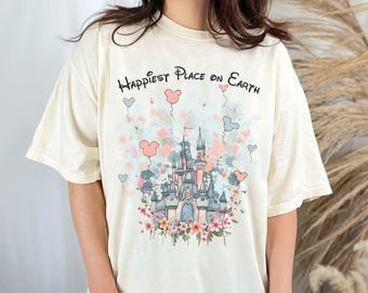 Retro gelukkigste plek op aarde shirt, Magic Kingdom shirt, Disney Castle bloemen T-shirt, Disney vakantie T-shirt, Magical Kingdom, Disney reis shirt