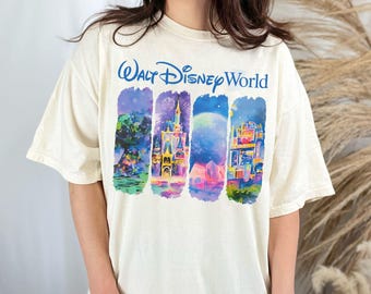 Retro Walt Disneyworld aquarel comfort kleuren shirt, vintage Disneyworld shirt, Disney vakantie T-shirt, magisch kasteel shirt, Disney 2025 reis