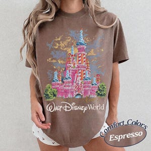 May include: Espresso-colored t-shirt featuring a pink castle graphic with blue and yellow accents, the number 25, and the words "Walt Disney World." The shirt is part of the Comfort Colors collection.