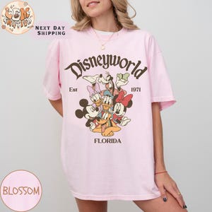 K&ouml;nnte beinhalten: Rosafarbenes T-Shirt mit einer Grafik im Vintage-Stil von Mickey Mouse, Minnie Mouse, Donald Duck, Goofy, Pluto und Daisy Duck. Die Grafik lautet "Disneyworld Est 1971 Florida".